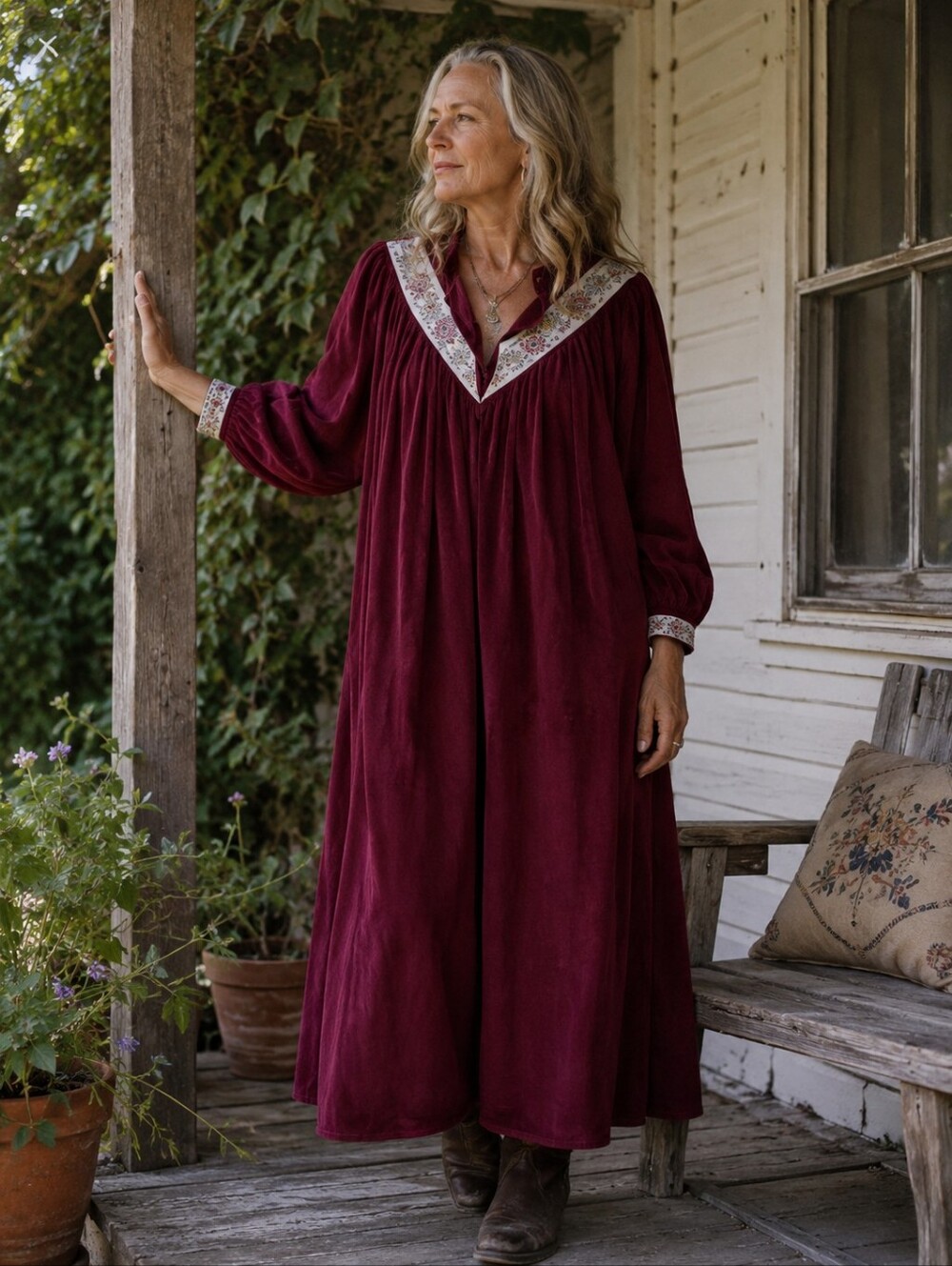 Vintage 70's Vanity Fair Embroidered Housecoat Mumu Velour Robe Pockets Size M